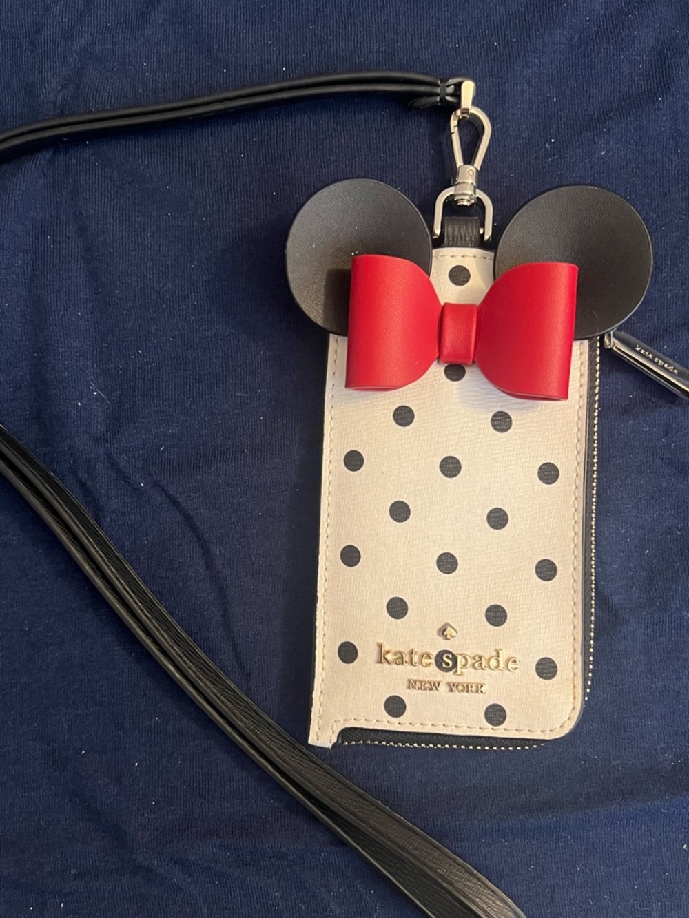 kate spade White Polka Dot Minnie Cardholder with Red Bow Lanyard.
